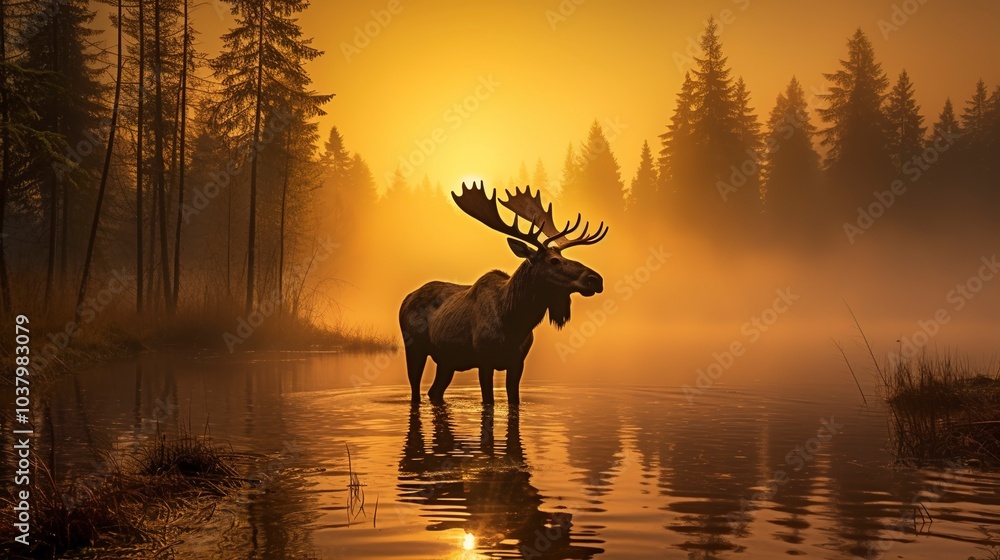 A majestic moose standing in a misty lake at sunrise, surrounded by enchanting forest silhouettes and golden hues. A majestic moose standing in a misty lake at sunrise, surrounded by enchanting forest silhouettes and golden hues.