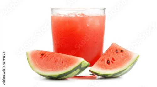 A clear glass of watermelon juice with a slice of watermelon beside it, set on a white background. Cool and hydrating.