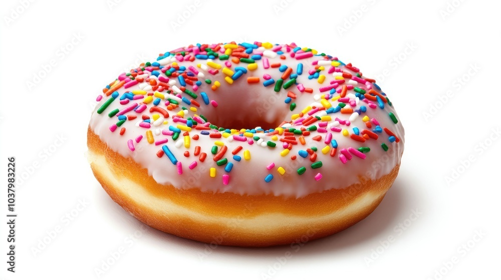 A close-up of a donut covered in icing and colorful sprinkles, resting on a white background. Sweet and eye-catching. A close-up of a donut covered in icing and colorful sprinkles, resting on a white background. Sweet and eye-catching.