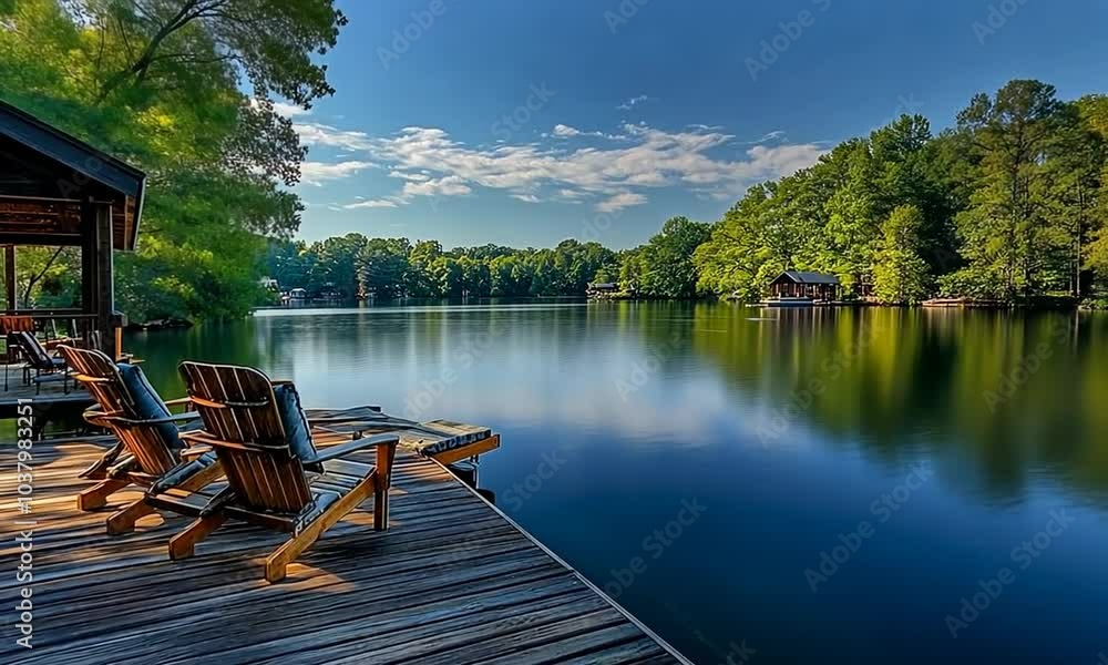 Two wooden chairs on a wooden dock overlooking a calm lake with lush greenery and blue sky. Two wooden chairs on a wooden dock overlooking a calm lake with lush greenery and blue sky.