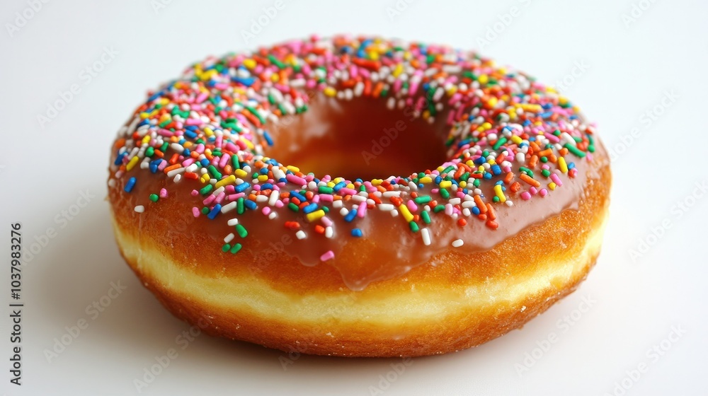 A close-up of a glazed donut with rainbow sprinkles, placed on a white background. Simple and delicious. A close-up of a glazed donut with rainbow sprinkles, placed on a white background. Simple and delicious.