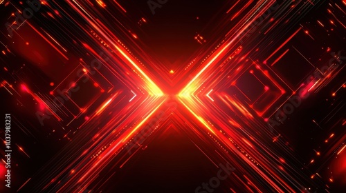Abstract red neon light arrow speed background. Futuristic glow tech gamer graphic for banner. Fast move cyber casino design with yellow led beam. 3d triangle perspective dynamic digital party bg. 