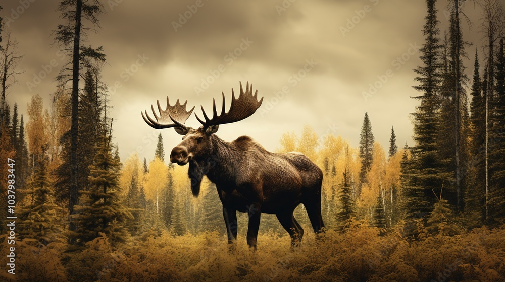 Majestic moose stands tall in forest Majestic moose stands tall in forest