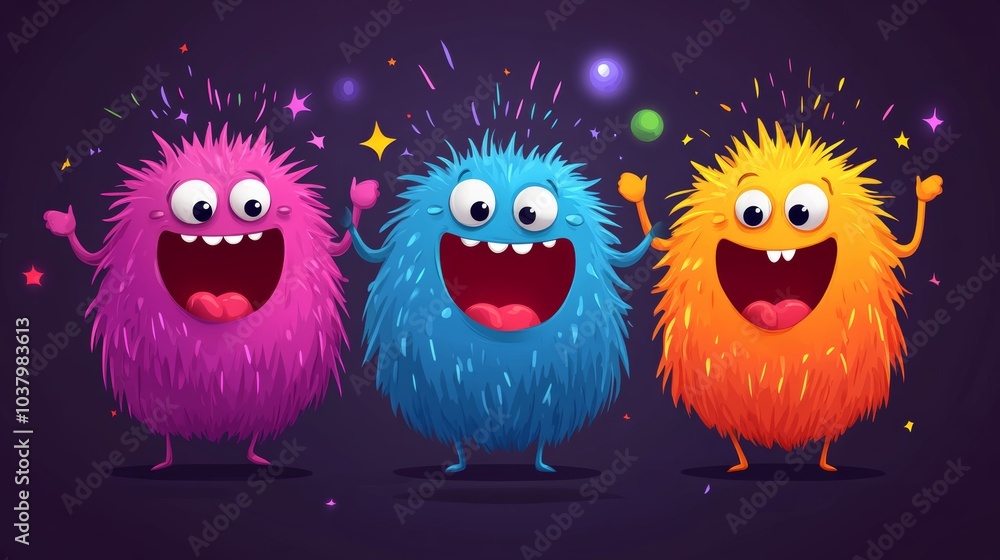 Obraz premium Happy Colorful Furry Monsters Partying with Confetti