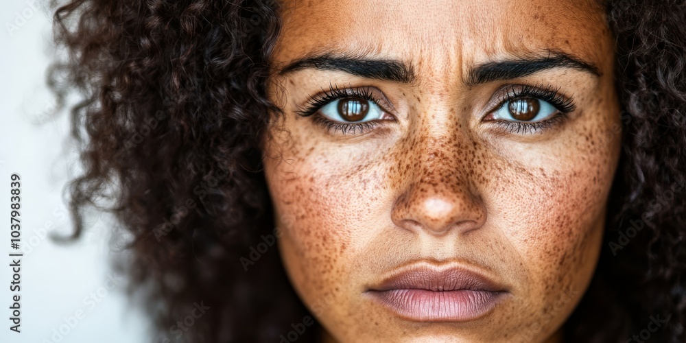 close up sad woman with dry curly hair, fragile skin and copy space.