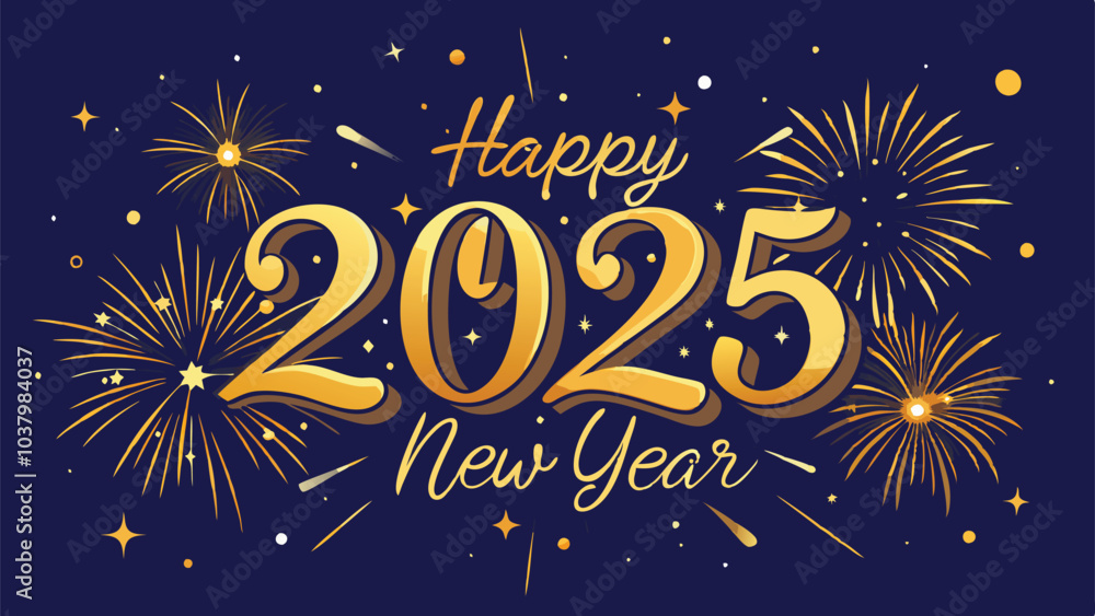 Fototapeta premium Happy New Year 2025 Vector with Elegant Gold Script Surrounded by Sparklers Fireworks and Glowing Stars Background
