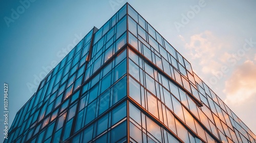 Low angle view of a modern glass office building against a blue sky.
