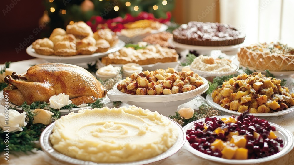 A festive table filled with various holiday dishes turkey, mashed potatoes, pies perfectly presented for a celebratory meal. A festive table filled with various holiday dishes turkey, mashed potatoes, pies perfectly presented for a celebratory meal.