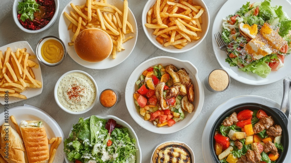 A flat-lay of multiple food dishes, from burgers and fries to salads and soups, arranged casually on a dining table. Fun and appetizing. A flat-lay of multiple food dishes, from burgers and fries to salads and soups, arranged casually on a dining table. Fun and appetizing.
