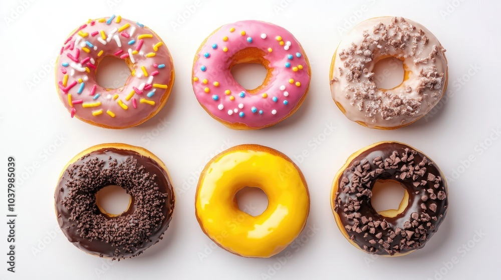 A flat-lay of six donuts, each with different glazes and toppings, arranged in a circle on a white background. Sweet and vibrant. A flat-lay of six donuts, each with different glazes and toppings, arranged in a circle on a white background. Sweet and vibrant.