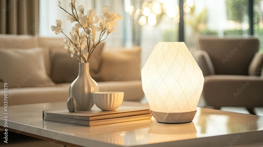 A stylish geometric-shaded table lamp with a glossy ceramic base, casting soft light on a modern coffee table. A stylish geometric-shaded table lamp with a glossy ceramic base, casting soft light on a modern coffee table.