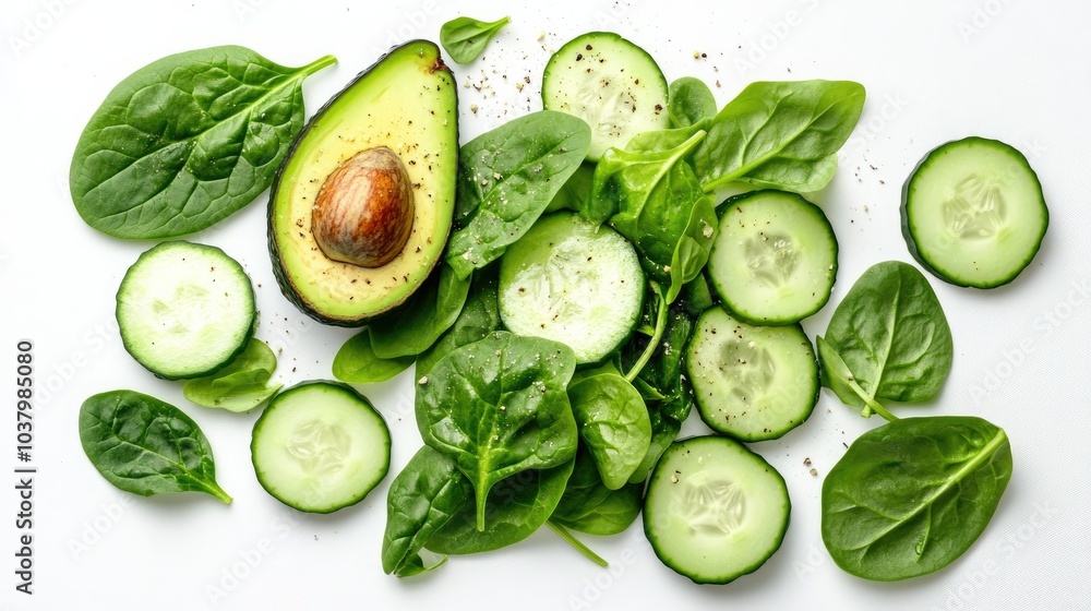 A fresh green salad with spinach, cucumber, and avocado slices, set on a minimalist white background. Simple and clean eating. A fresh green salad with spinach, cucumber, and avocado slices, set on a minimalist white background. Simple and clean eating.