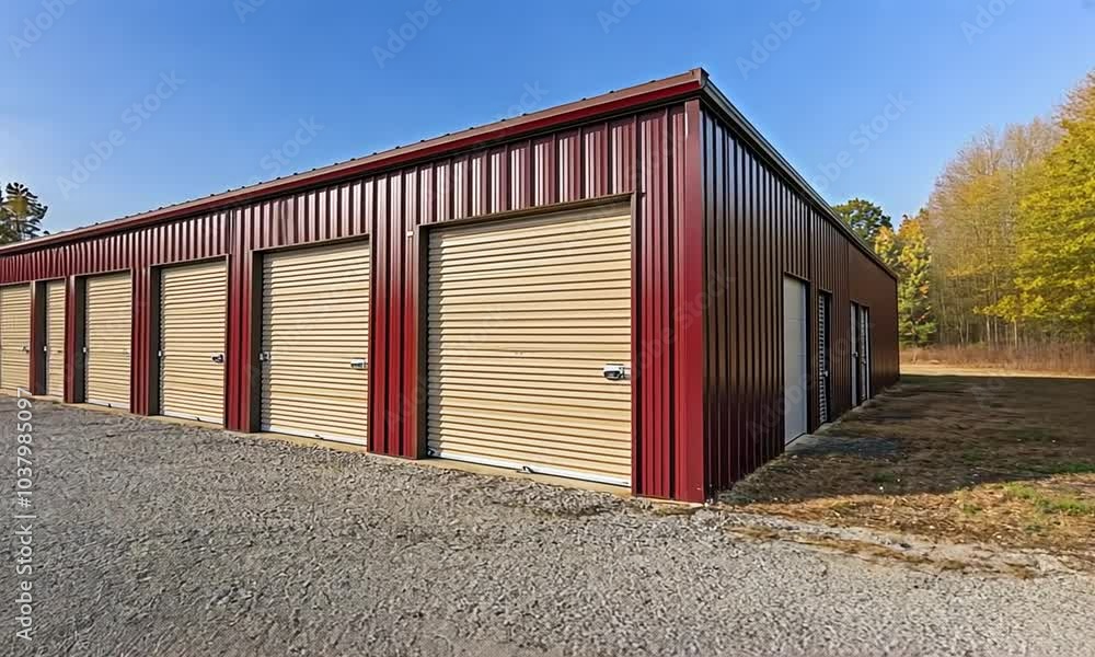 A row of red metal storage units with beige roll-up doors. The units are situated on a gravel parking lot with a grassy area and trees in the background. A row of red metal storage units with beige roll-up doors. The units are situated on a gravel parking lot with a grassy area and trees in the background.