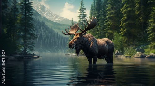 A majestic moose standing in calm waters surrounded by lush forest during a serene afternoon in the wilderness --ar 16:9 --v 5.2 Job ID: ba2a3422-8f12-4031-ad2c-aa9840594320