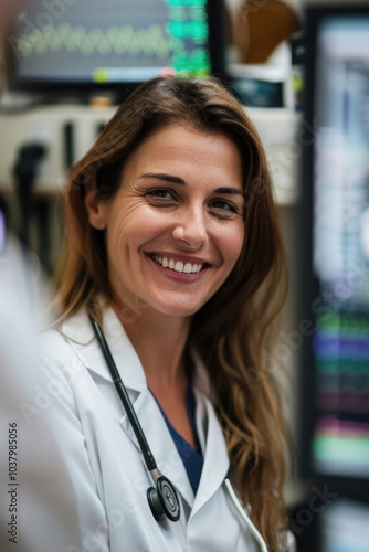 Smiling woman in white lab coat examining test tubes in a scientific laboratory.