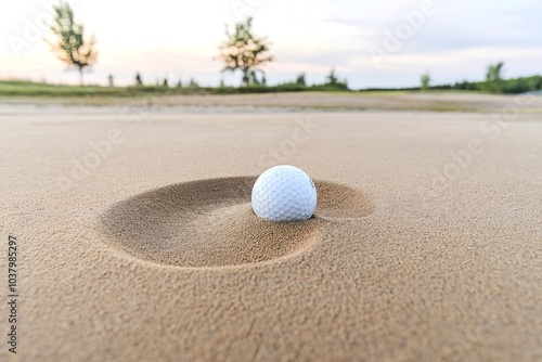A golf ball resting on a sandy surface