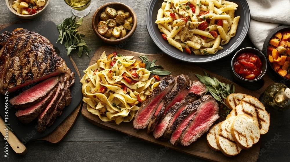 A gourmet table spread featuring steaks, pasta, roasted vegetables, and bread, creating a sophisticated and balanced meal presentation. A gourmet table spread featuring steaks, pasta, roasted vegetables, and bread, creating a sophisticated and balanced meal presentation.