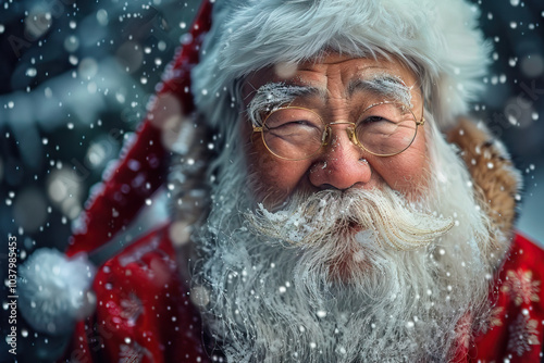 A man wearing a Santa Claus costume surrounded by smiling children in a festive holiday setting.