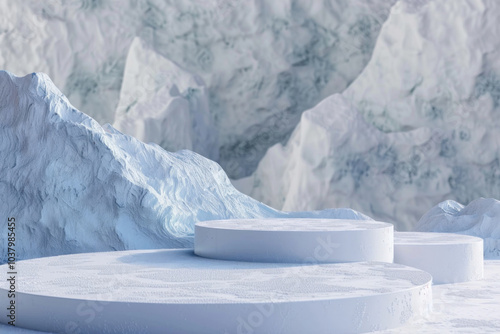 Minimalistic white 3D winter landscape displayed on a podium, showcasing a serene and artistic design. photo