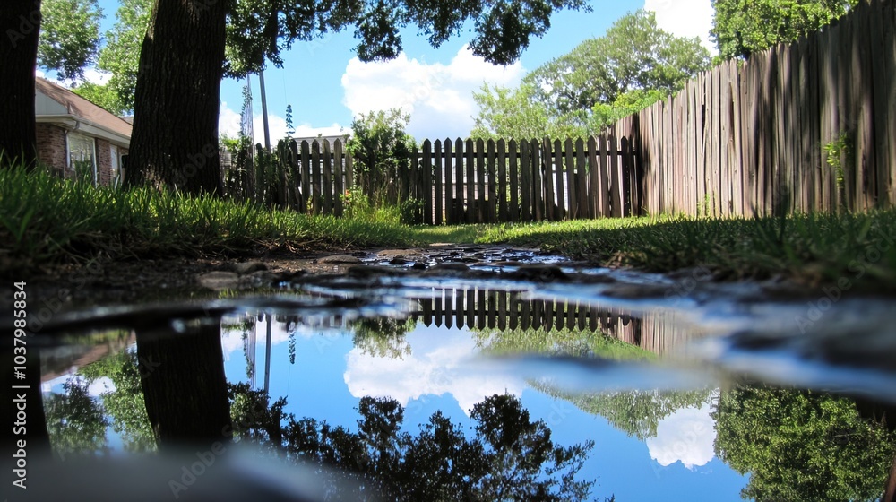 Obraz premium Backyard with standing water reflecting the surrounding trees and sky, capturing the serene beauty of nature's reflection and the tranquility of a still moment.