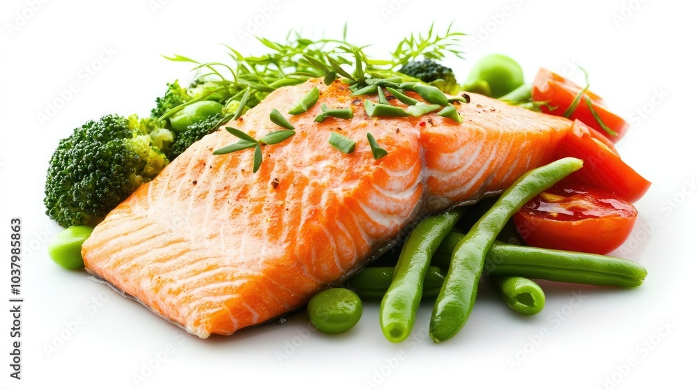 A healthy dish of roasted salmon, accompanied by fresh vegetables like green beans, broccoli, and tomatoes, placed on a simple white background. Balanced and flavorful. A healthy dish of roasted salmon, accompanied by fresh vegetables like green beans, broccoli, and tomatoes, placed on a simple white background. Balanced and flavorful.