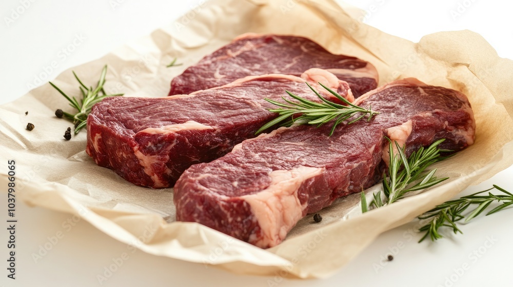 A package of fresh beef steaks wrapped in butcher paper, resting on a clean white background, highlighting quality and freshness. A package of fresh beef steaks wrapped in butcher paper, resting on a clean white background, highlighting quality and freshness.