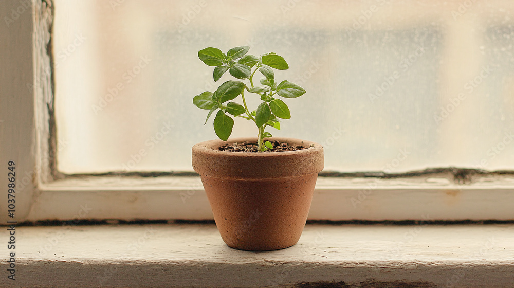 Small Green Plant in Terracotta Pot on Windowsill Small Green Plant in Terracotta Pot on Windowsill