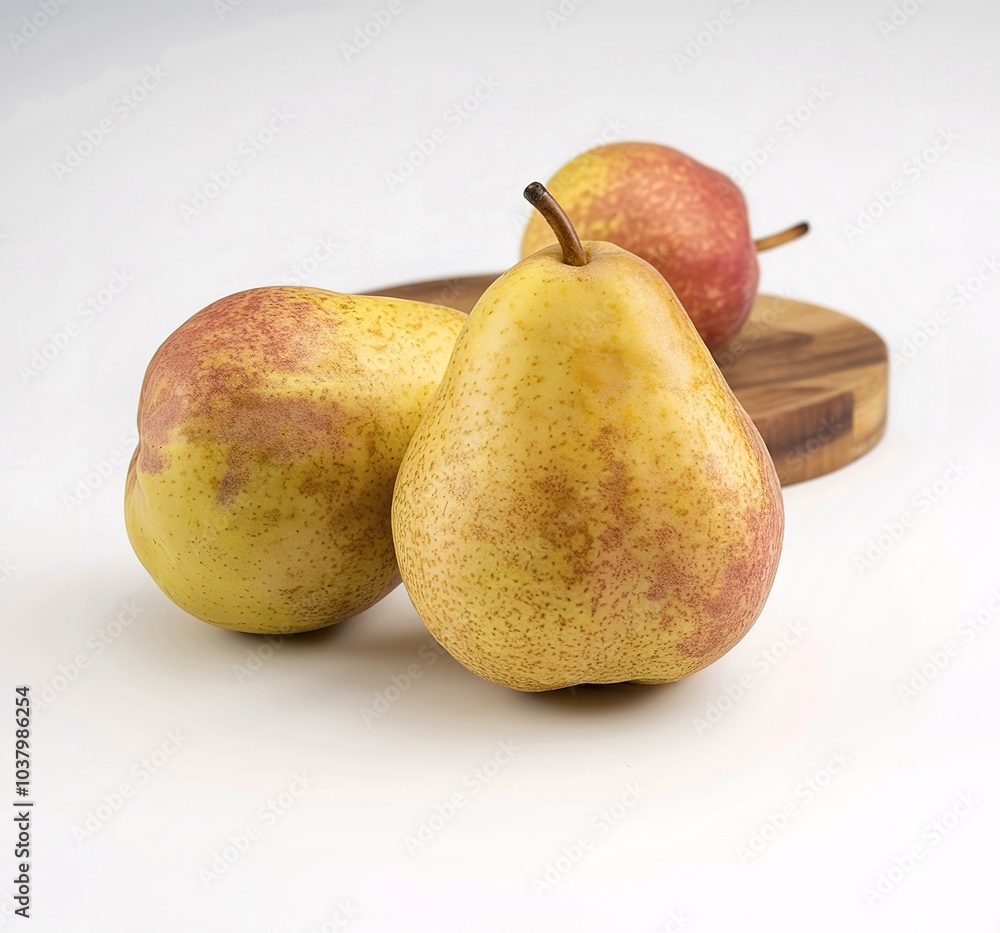 Two ripe pears with a speckled yellow and red hue isolated on white background Two ripe pears with a speckled yellow and red hue isolated on white background
