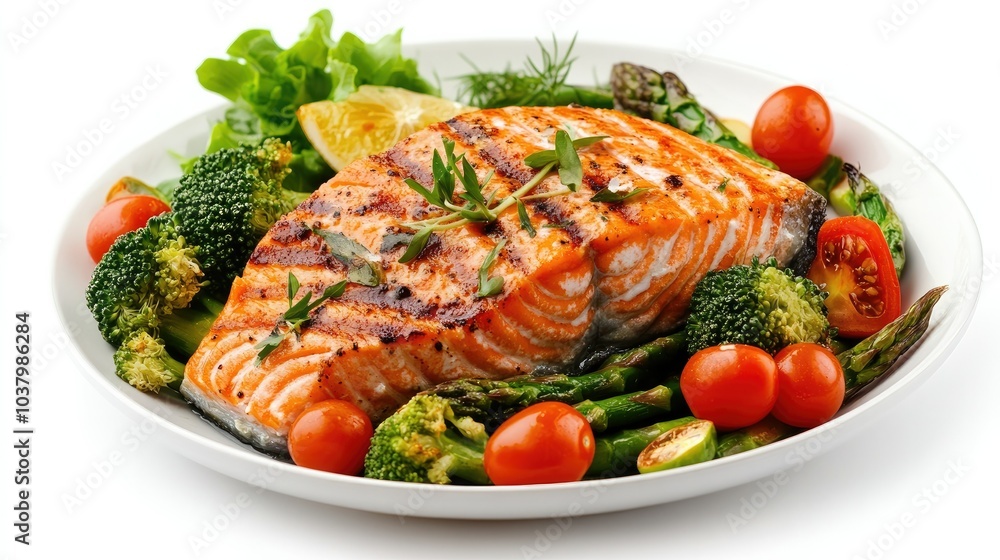 A perfectly roasted salmon steak on a plate surrounded by fresh asparagus, broccoli, and cherry tomatoes, placed on a clean white background. Nutritious and vibrant. A perfectly roasted salmon steak on a plate surrounded by fresh asparagus, broccoli, and cherry tomatoes, placed on a clean white background. Nutritious and vibrant.