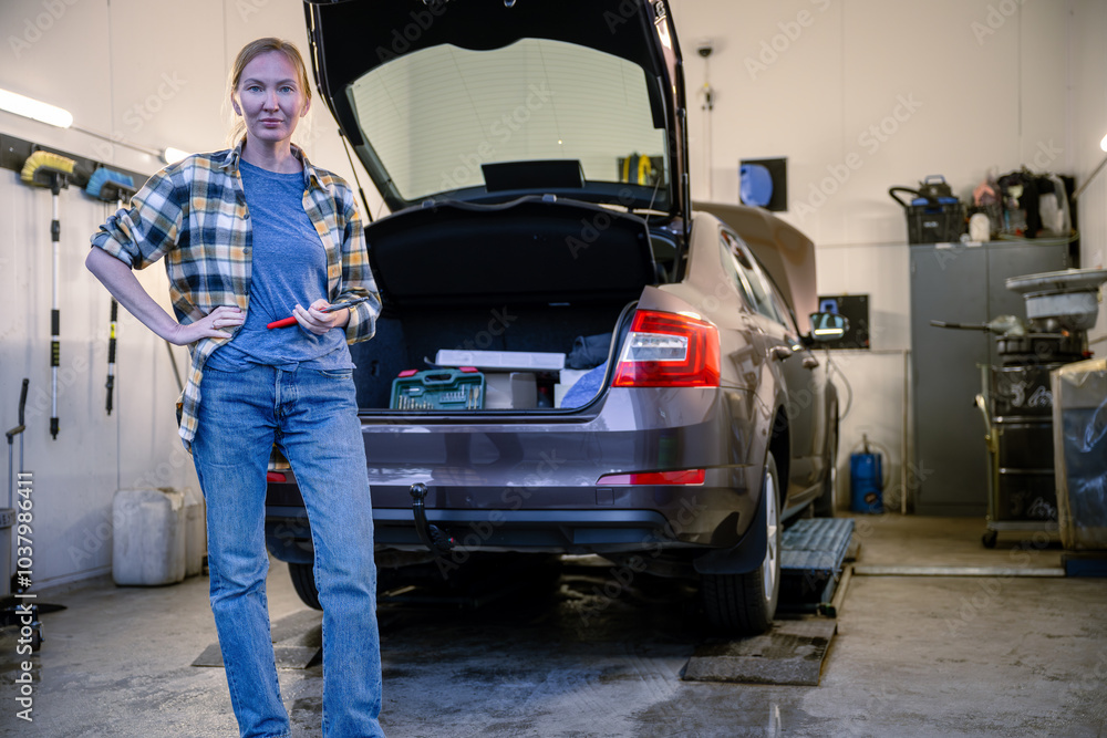 female mechanic holding work tool and standing at entrance of garage female mechanic holding work tool and standing at entrance of garage