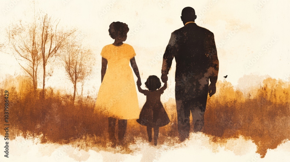A family enjoying a leisurely walk in the woods with their young daughter. The parents are holding hands with the daughter and the father is pointing out a bird. A family enjoying a leisurely walk in the woods with their young daughter. The parents are holding hands with the daughter and the father is pointing out a bird.