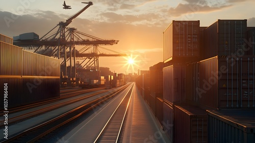 Sunset Over Bustling Port with Cranes and Cargo Containers