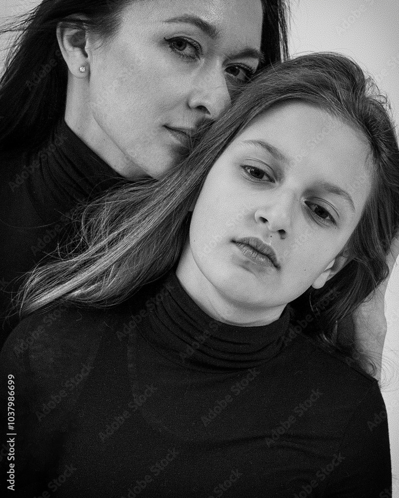 Mom with her teenage daughter, white background Mom with her teenage daughter, white background