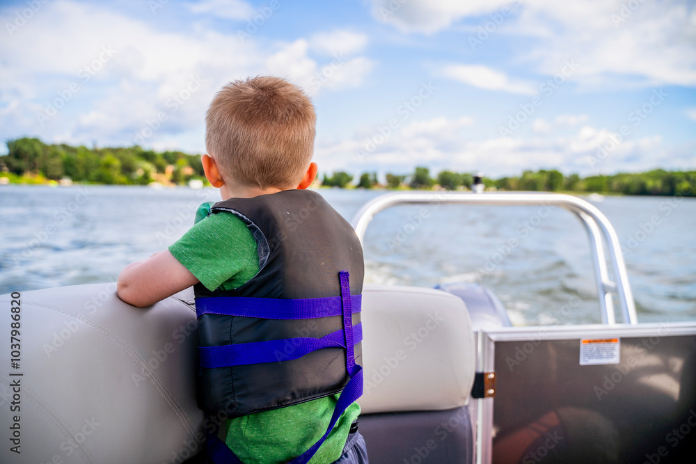 Fototapeta premium Toddler Boy in Life Vest Looking Out at Lake on Pontoon Boat
