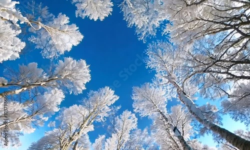A low angle view of a snowy forest with the sky visible between the snow-covered branches of the trees.