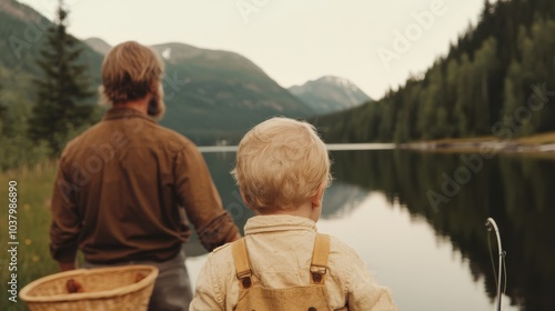 The family teaching their son how to fish by a calm lakeside. The father helps him hold the fishing rod while the mother stands nearby with a picnic basket. 