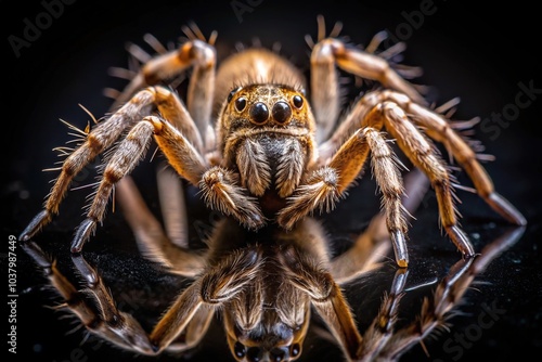 The Araniella's web shimmers under the moon's glow, a mesmerizing macro photograph. photo