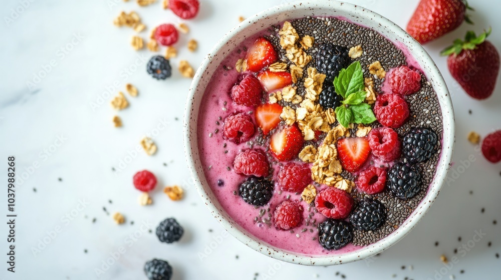 A smoothie bowl topped with fresh berries, chia seeds, and granola, beautifully presented on a white background. Refreshing and healthy. A smoothie bowl topped with fresh berries, chia seeds, and granola, beautifully presented on a white background. Refreshing and healthy.