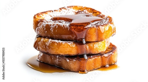 A stack of French toast drizzled with syrup and powdered sugar, centered on a white background. Rich and delicious.