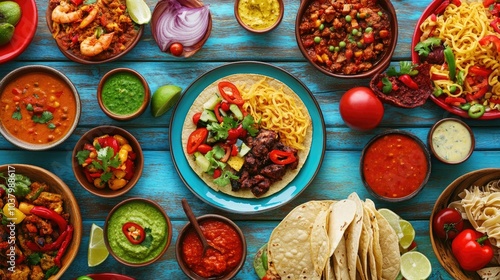 Wallpaper Mural A table filled with diverse ethnic dishes tacos, pasta, curry, and more highlighting different cuisines on a colorful dining table. Torontodigital.ca