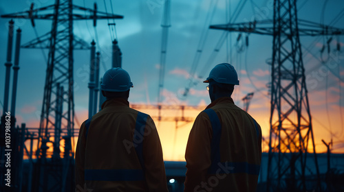 Back view of two specialist electrical substation engineers inspect modern high-voltage equipment.