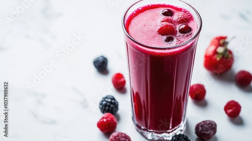 Wallpaper Mural A tall glass of mixed berry juice with fresh berries scattered around, displayed on a crisp white background. Bright and flavorful. Torontodigital.ca