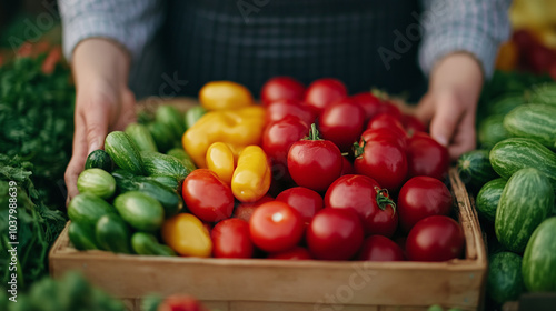 Fresh Tomatoes, Cucumbers, and Yellow Peppers in a Wooden Crate