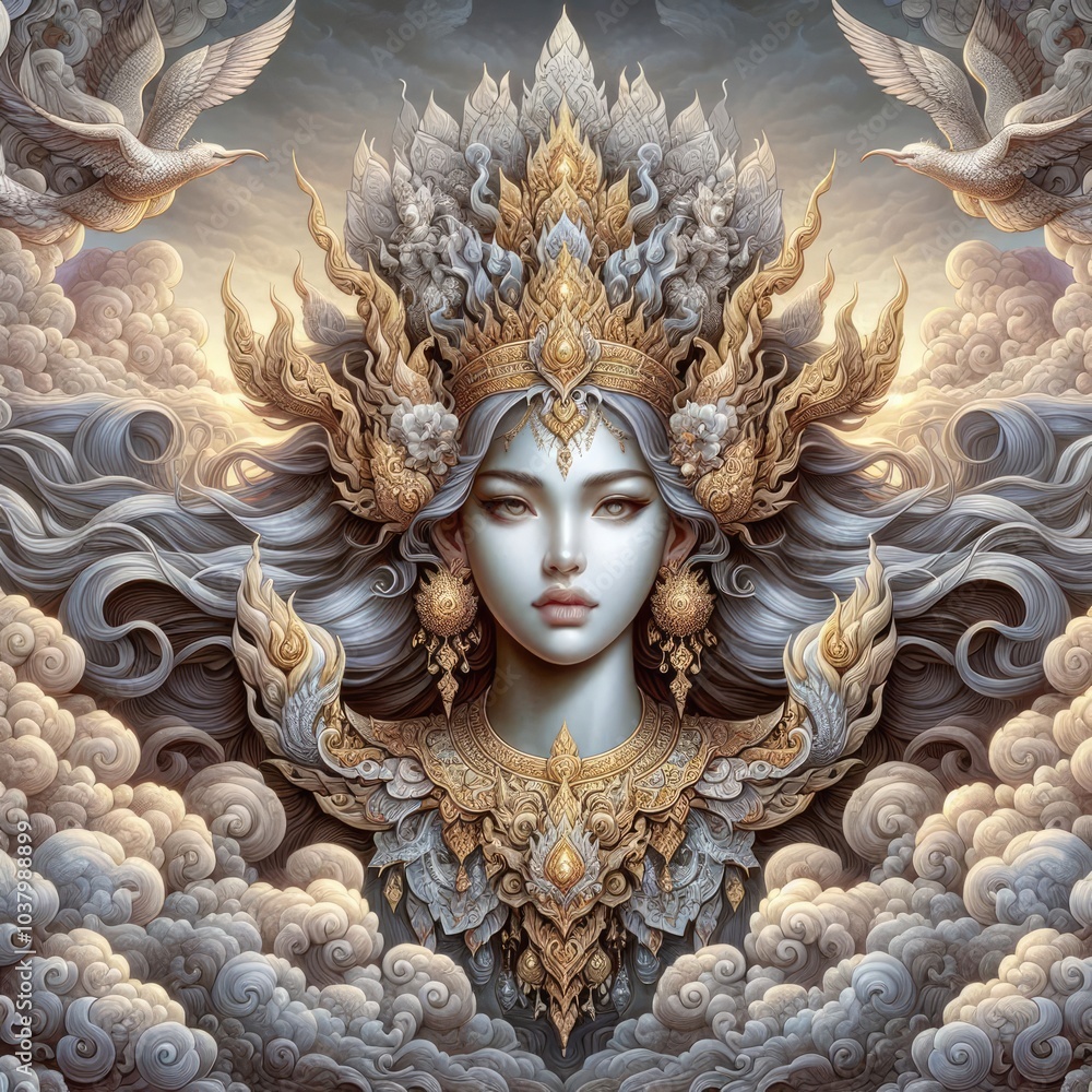 Obraz premium Celestial Goddess of the Skies: An Ethereal Blend of Divine Elegance and Majestic Gold Adornments Surrounded by Cloudy Mystique and Serene Beauty