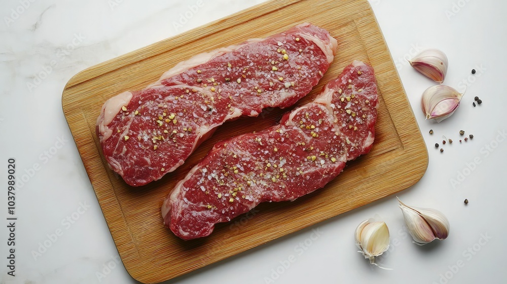 A top-down view of raw rib-eye steaks on a wooden cutting board, with seasoning and garlic, placed on a clean white background. Perfect for grilling or searing. A top-down view of raw rib-eye steaks on a wooden cutting board, with seasoning and garlic, placed on a clean white background. Perfect for grilling or searing.
