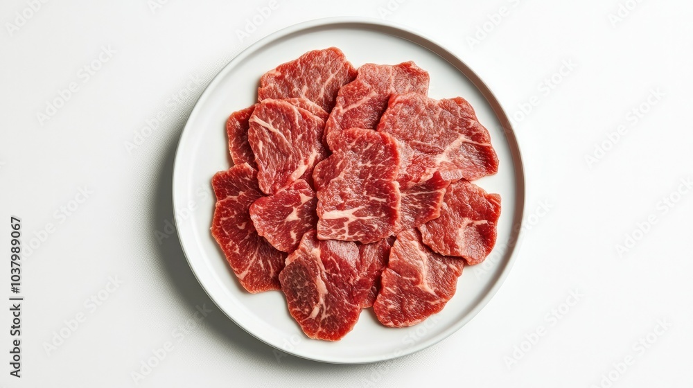 A top-down view of thinly sliced beef arranged on a white plate against a white background, ideal for dishes like carpaccio or stir-fry. A top-down view of thinly sliced beef arranged on a white plate against a white background, ideal for dishes like carpaccio or stir-fry.
