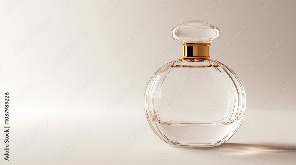 A transparent perfume bottle with a gold cap, reflecting light subtly, set on a clean white background. Luxurious and elegant. A transparent perfume bottle with a gold cap, reflecting light subtly, set on a clean white background. Luxurious and elegant.