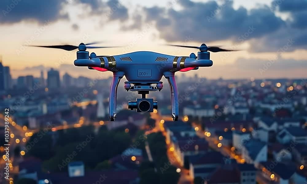 Drone flying over city at sunset with a camera attached. Drone flying over city at sunset with a camera attached.