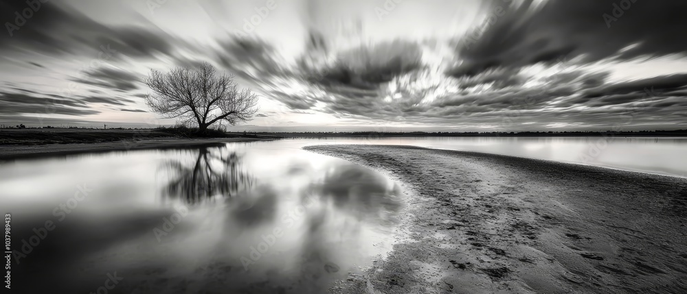 A monochrome image of a tranquil body of water A solitary tree stands in the foreground, its silhouette defined against the rippling surface The background is clo A monochrome image of a tranquil body of water A solitary tree stands in the foreground, its silhouette defined against the rippling surface The background is clo