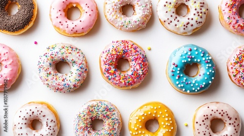 A variety of colorful donuts with sprinkles, glaze, and icing, arranged in a neat pattern on a clean white background. Sweet and fun.